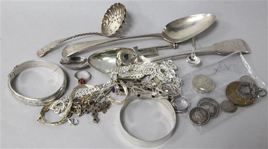 A George III silver table spoon by Peter, Ann & William Bateman and other items of silver and silver jewellery.